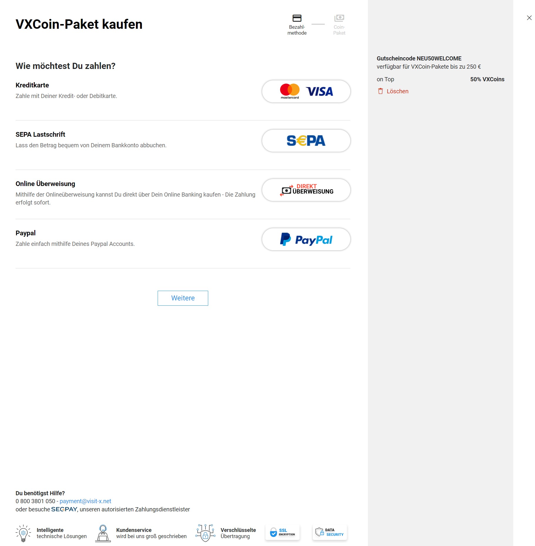 Visit-X – VXCoin-Paket kaufen: Zahlungsarten