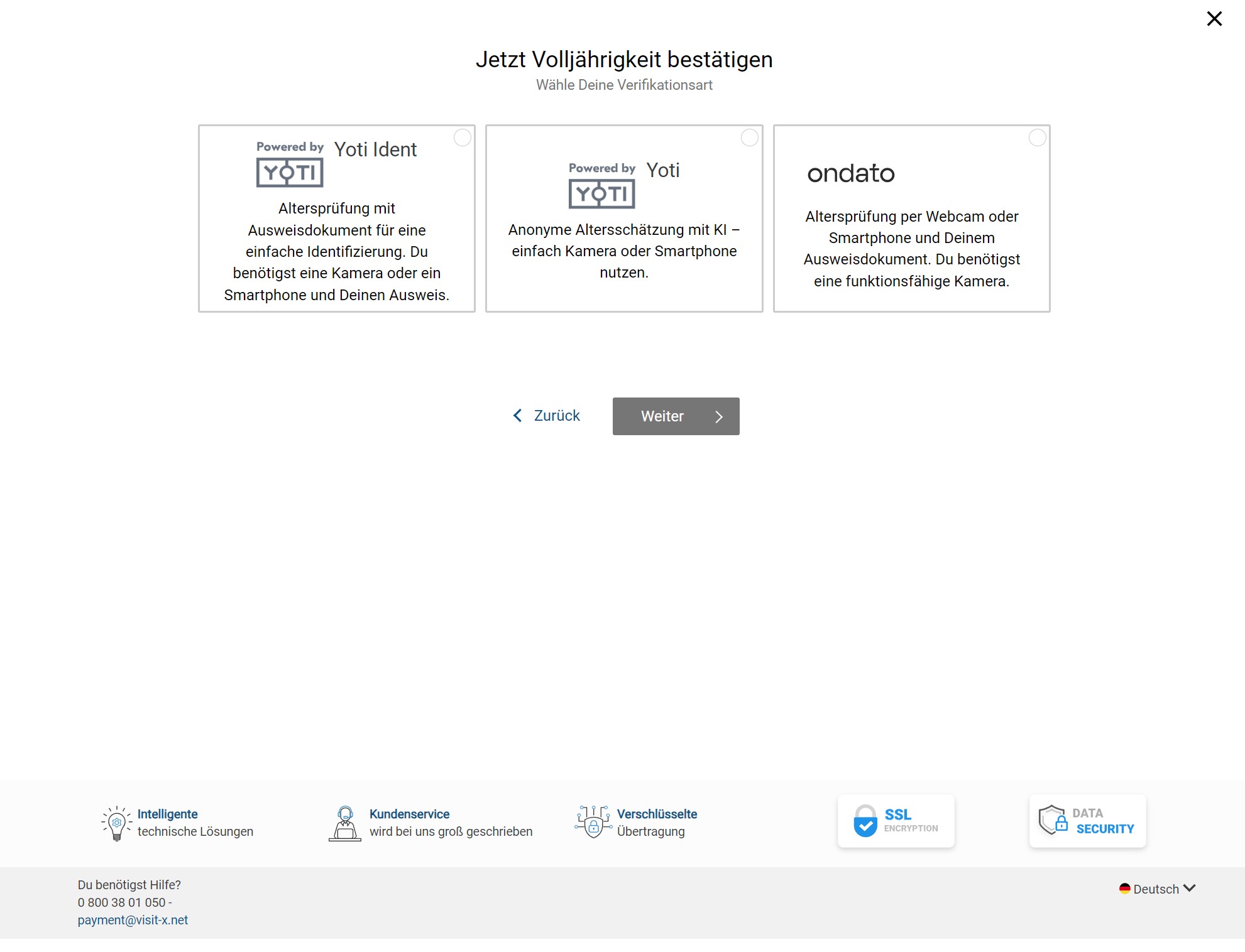 Visit-X – Volljährigkeit bestätigen: Verifikationsart wählen (Yoti, ondato)