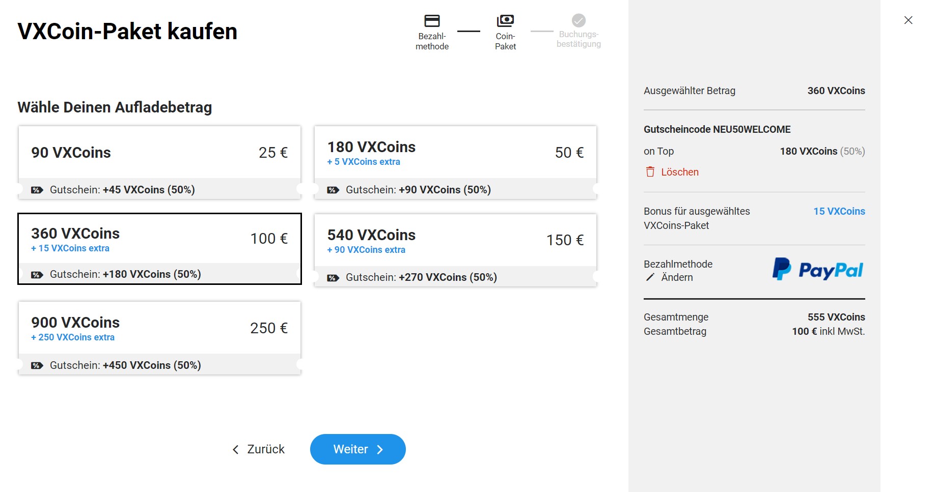Visit-X – VXCoin-Paket und Gutschein-Bonus auswählen