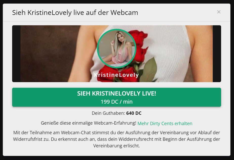 MyDirtyHobby Pop-up mit Preis pro Minute vor Liveshow