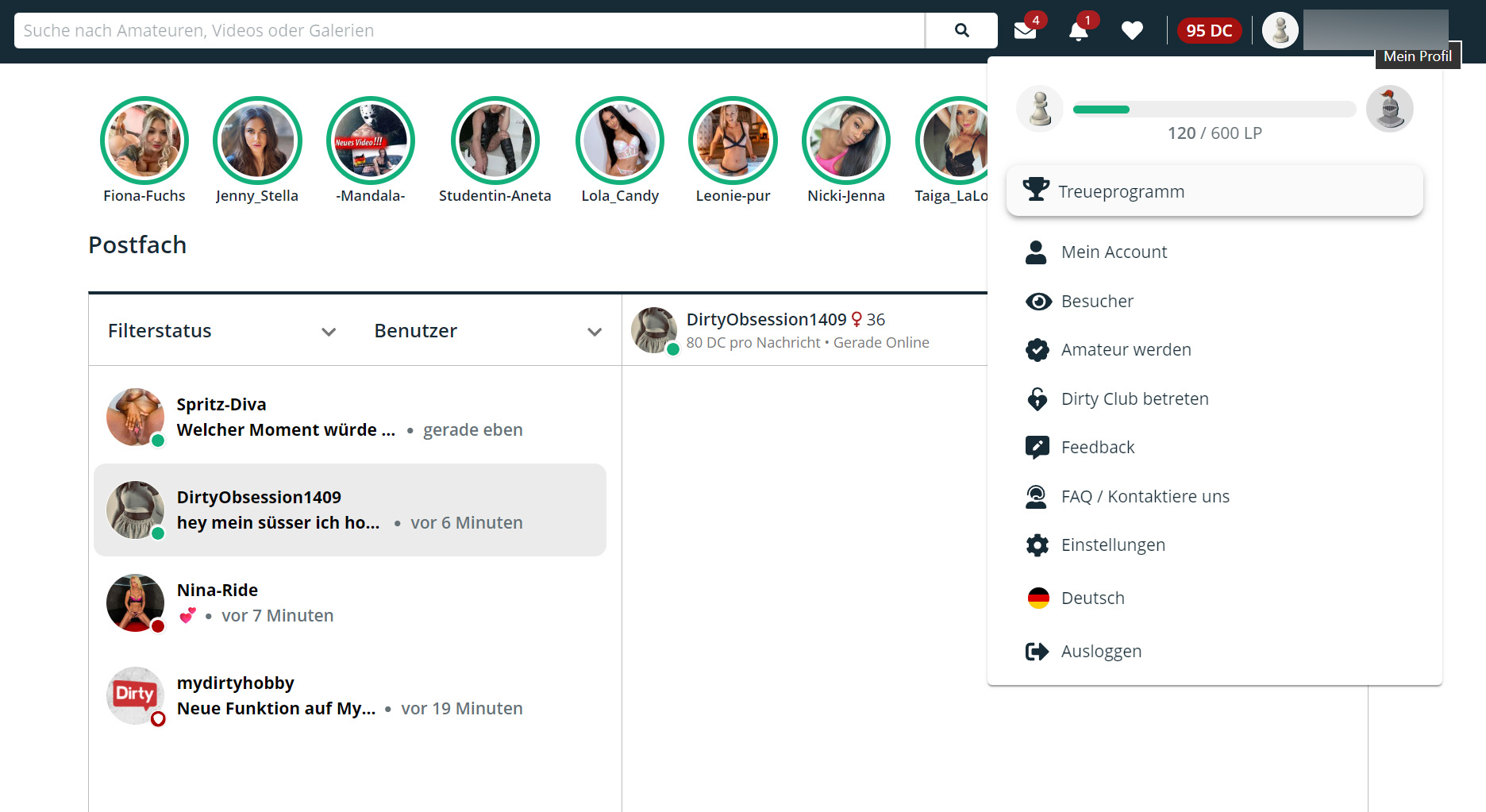 MyDirtyHobby Postfach, Nachrichten und Profil-Menü